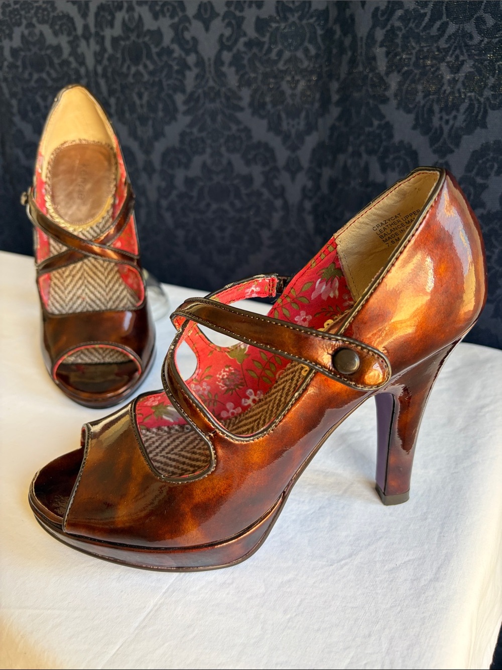 Y2K kenzie Marble Brown/Bronze Mary-Jane Peep-Toe Platform Heels Zs 7.5 Vintage